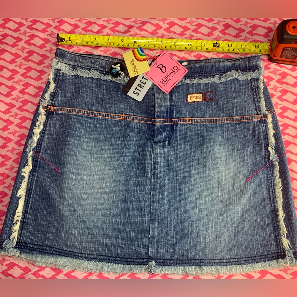 NWT Buffalo David Bitton Denim Mini Skirt Frayed Hem Stone Wash Neon Accents 28